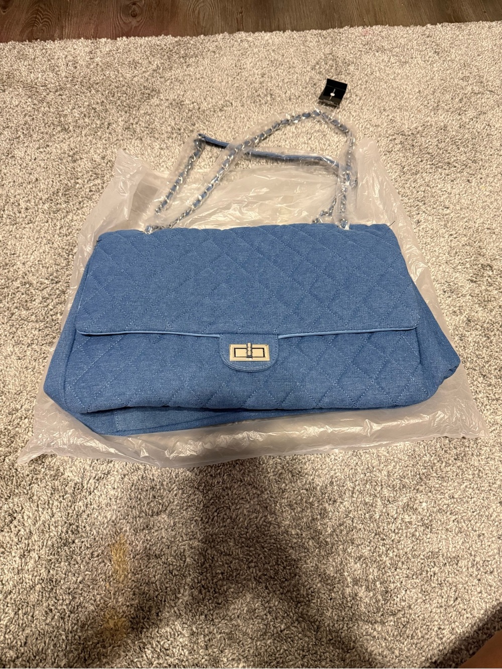 Ashley Stewart Quilted Light Blue Shoulder Bag with Chain Strap